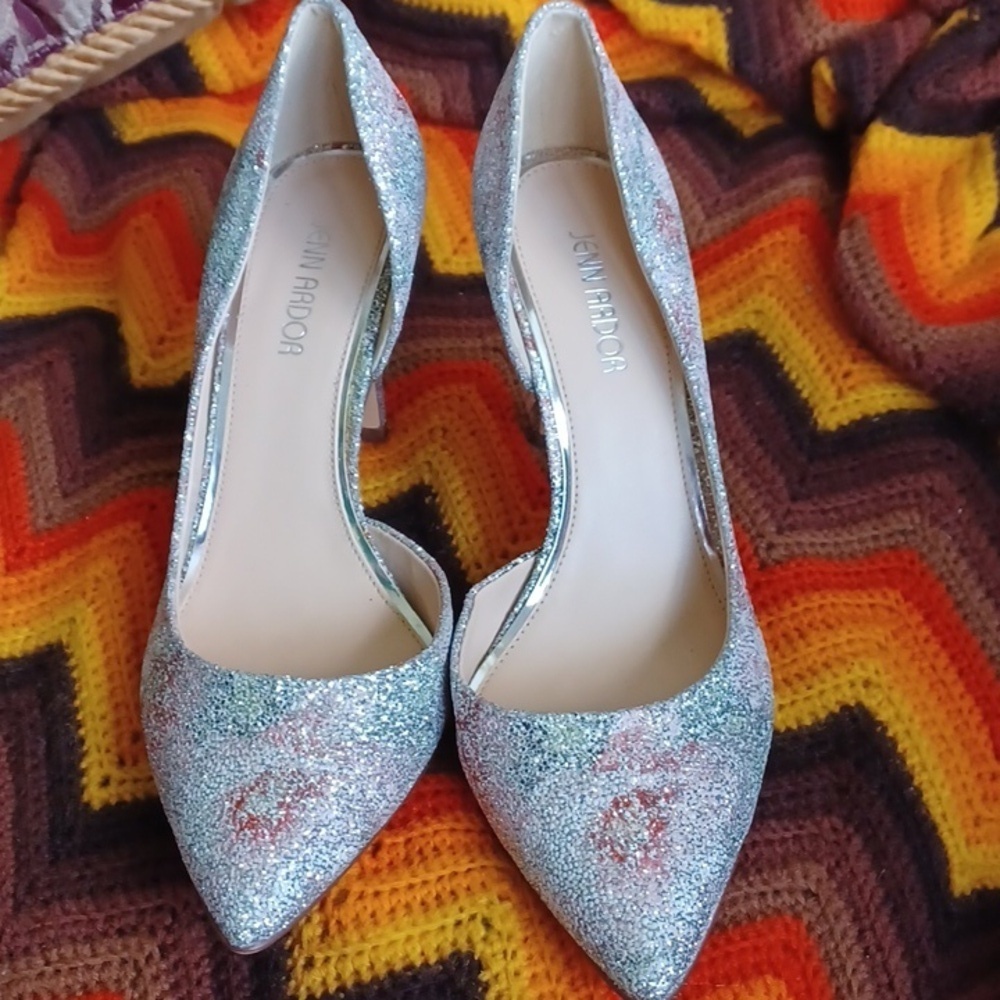 Jenn Ardor Silver Floral glitter stiletto heels size 8, NWOT, 3.5" Heel